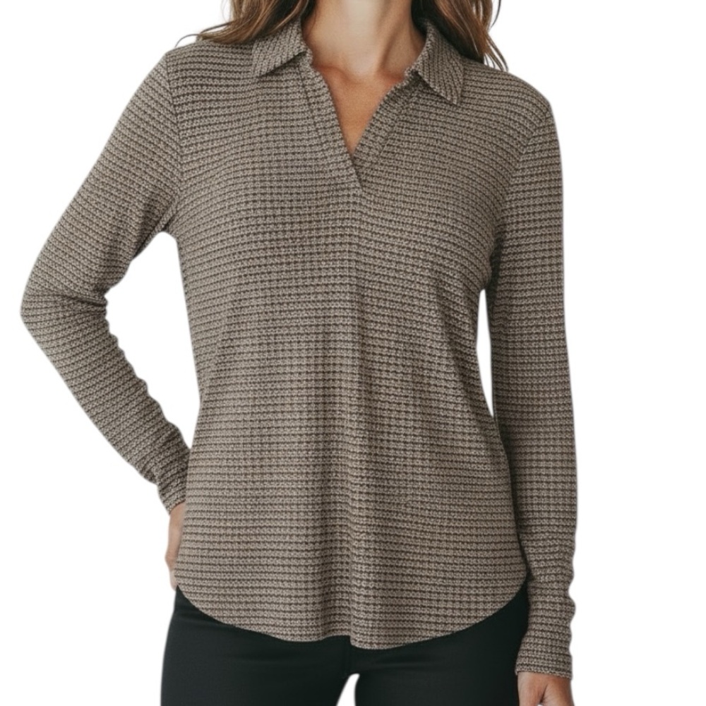 NWT ADRIANNA PAPELL Taupe Printed Collar V-Neck Long-Sleeve Top Size Medium